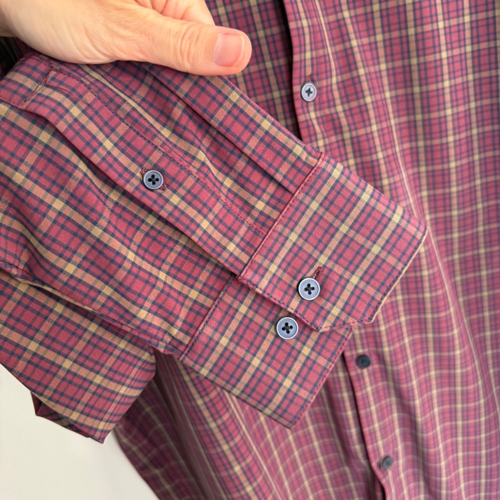Mizzen+Main Leeward Dress Shirt XXL Trim Fit Burgundy Tan Plaid Performance Mens - Picture 3 of 5